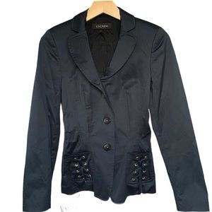 Vintage Escada Black Blazer Lace Up Pockets Jacket Women's 32
